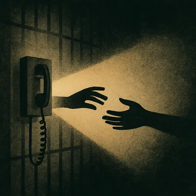 Two silhouetted hands reaching toward each other across golden beam from prison wall phone
