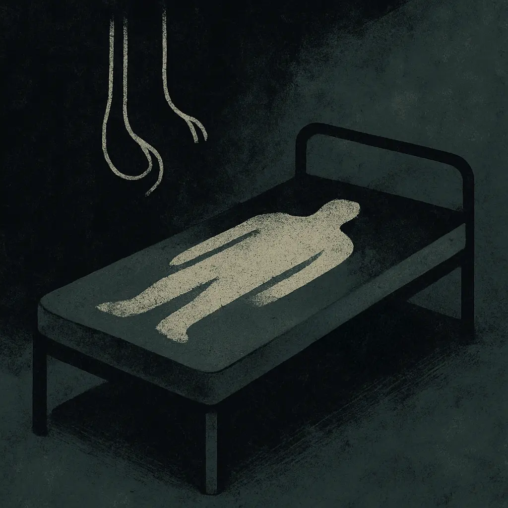 Empty metal cot with disconnected oxygen tubes in prison medical facility