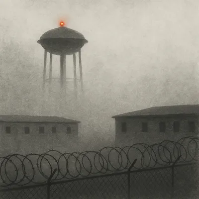 Fog-shrouded prison yard with barbed wire fence and buildings below a tall water tower topped by a glowing red light.