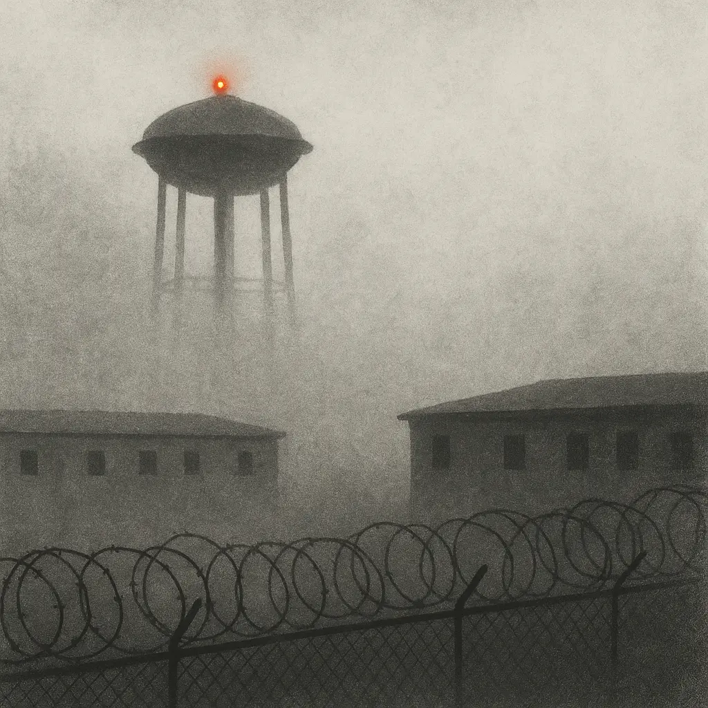 Fog-shrouded prison yard with barbed wire fence and buildings below a tall water tower topped by a glowing red light.