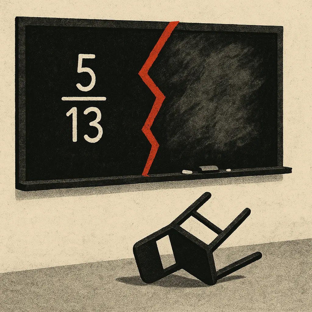 Prison classroom chalkboard with cracked surface, fraction 5/13 written, overturned chair on floor
