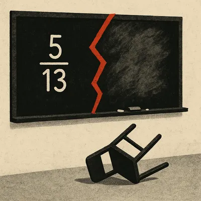 Prison classroom chalkboard with cracked surface, fraction 5/13 written, overturned chair on floor
