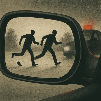 Rearview mirror showing two people running, police car with flashing lights behind them
