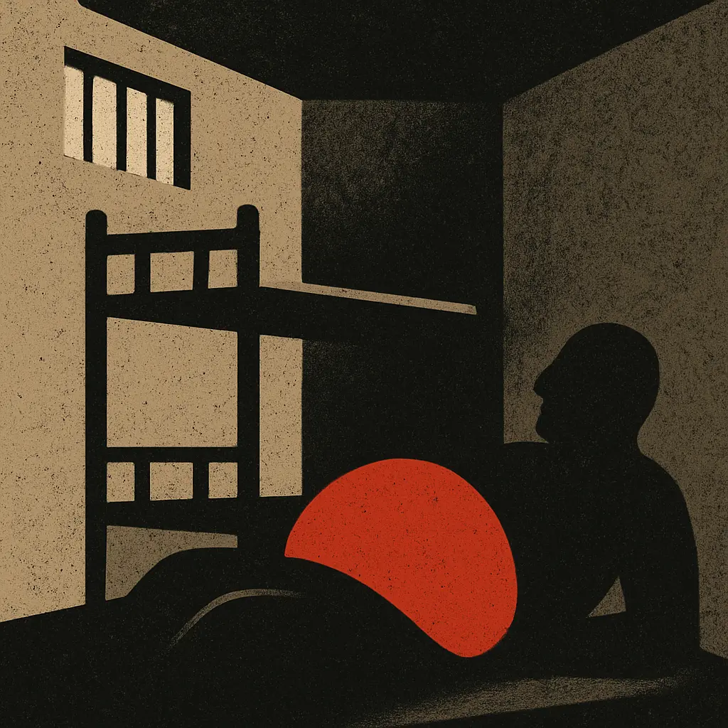 Inmate lying beneath bunk bed in prison cell with barred window