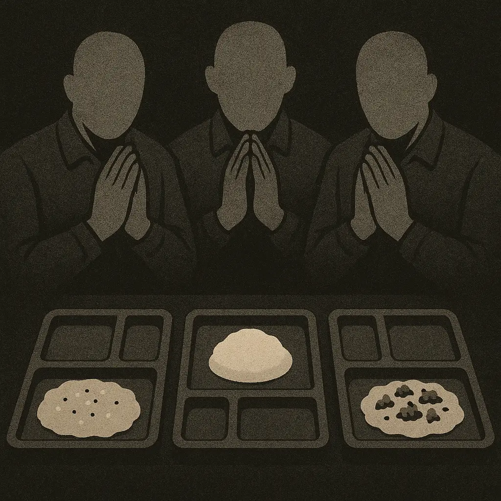 Three men with bowed heads and clasped hands sit before food trays holding different styles of grits.
