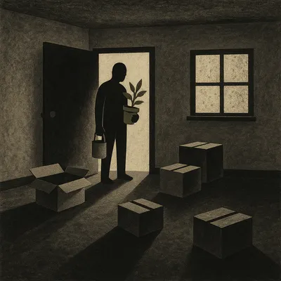 Person standing in apartment doorway holding plant and paint can, boxes on floor
