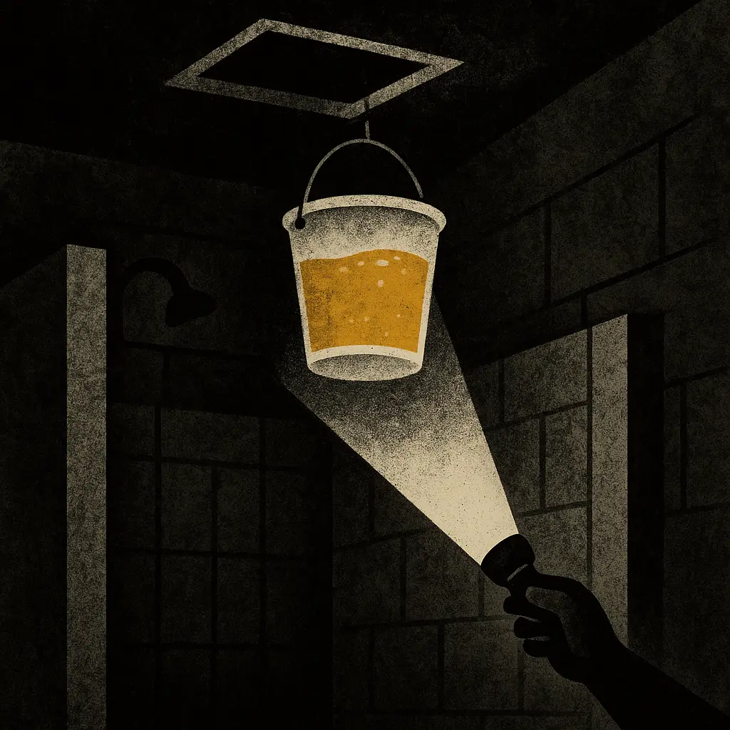 Prison shower stall with bucket hidden in ceiling panel, flashlight beam revealing contraband hooch
