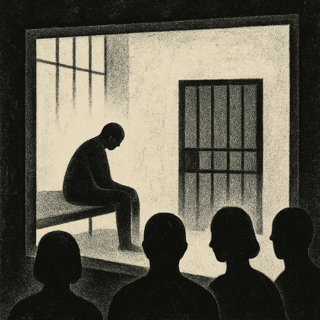 Prisoner sitting on bed in cell viewed through window by four silhouettes