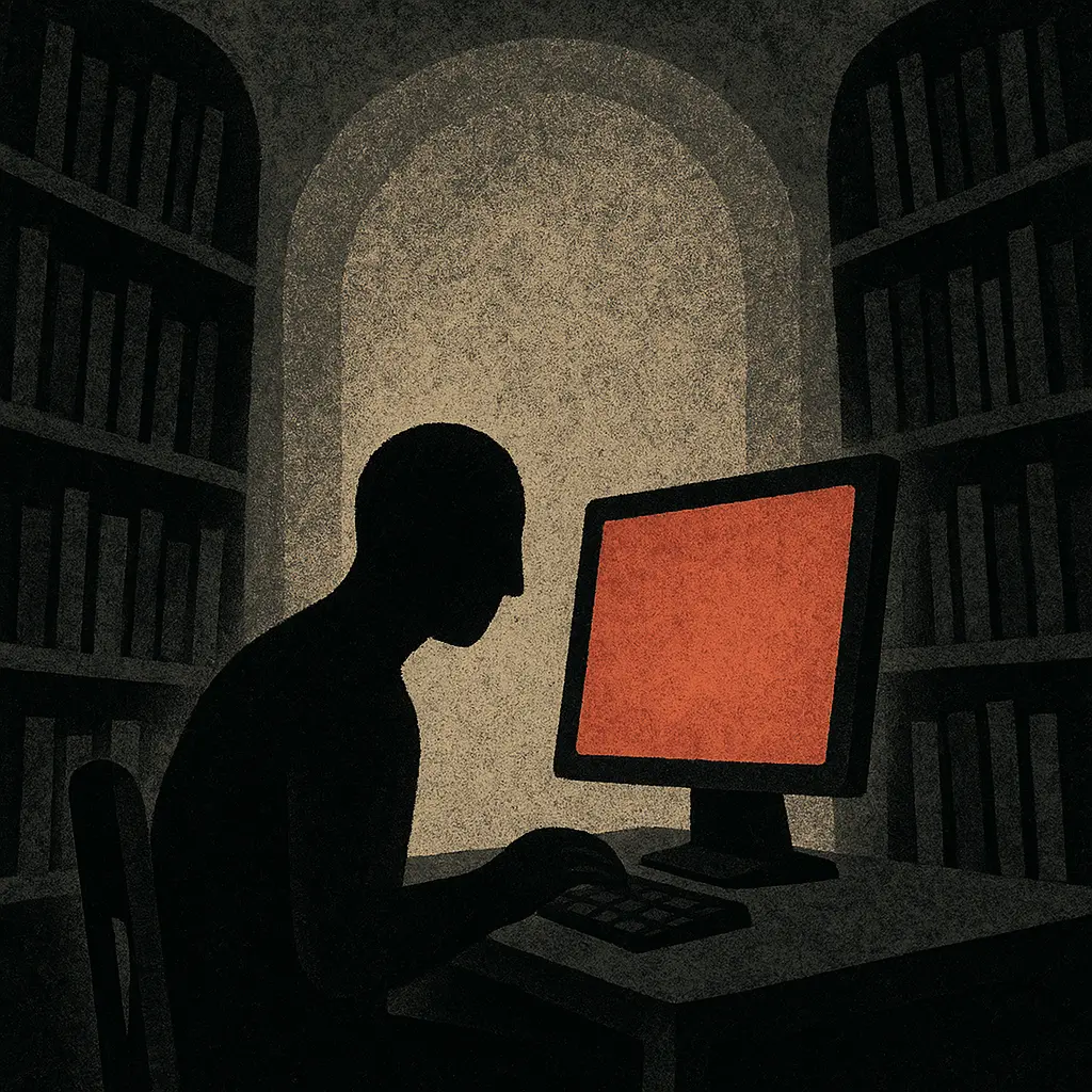 Person sitting at computer in prison law library with red screen glow