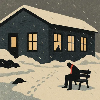 Man in red scarf standing outside snowy prison library at dawn
