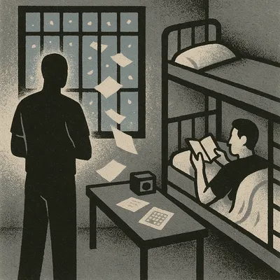 Two inmates in prison cell, one reading on bunk, other looking out barred window
