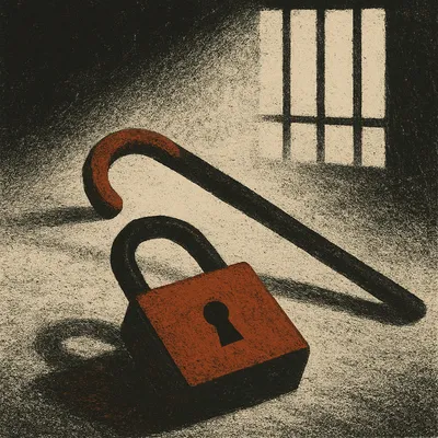 A reddish padlock and cane lie on a gritty floor with shadows cast by light from a barred prison window.
