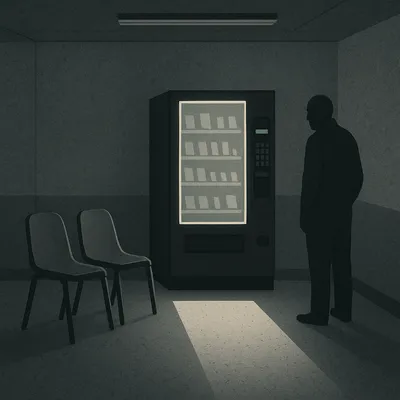 Dimly lit room with two empty chairs and a man standing by a glowing vending machine.