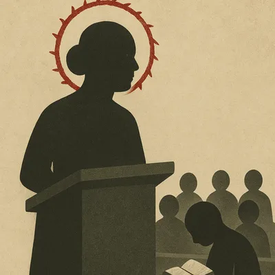 Female preacher at pulpit facing seated congregation, one person bowed with open Bible

