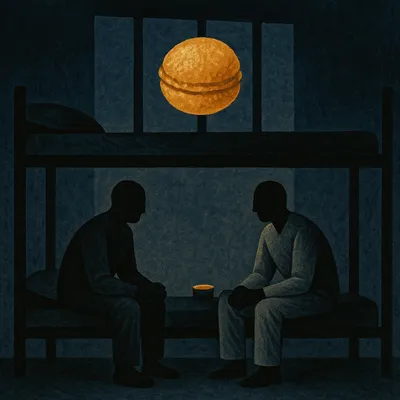 Two prisoners sitting on bunk beds in dim prison cell under macaroon-shaped moon
