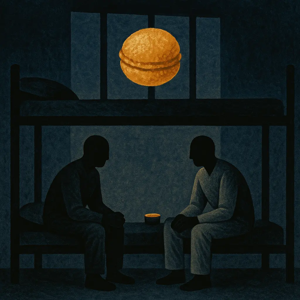 Two prisoners sitting on bunk beds in dim prison cell under macaroon-shaped moon