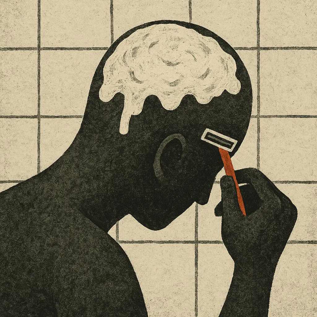 Person applying depilatory cream to head over prison sink with tiled walls