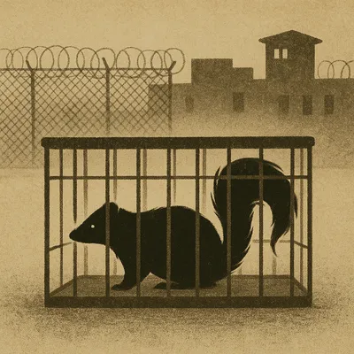 Skunk sits in a metal cage on prison grounds, with barbed wire fence and guard tower in background.