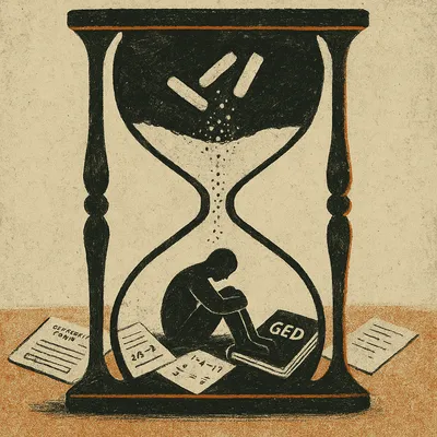 Hourglass filled with chalk dust and papers, student figure sitting in lower chamber
