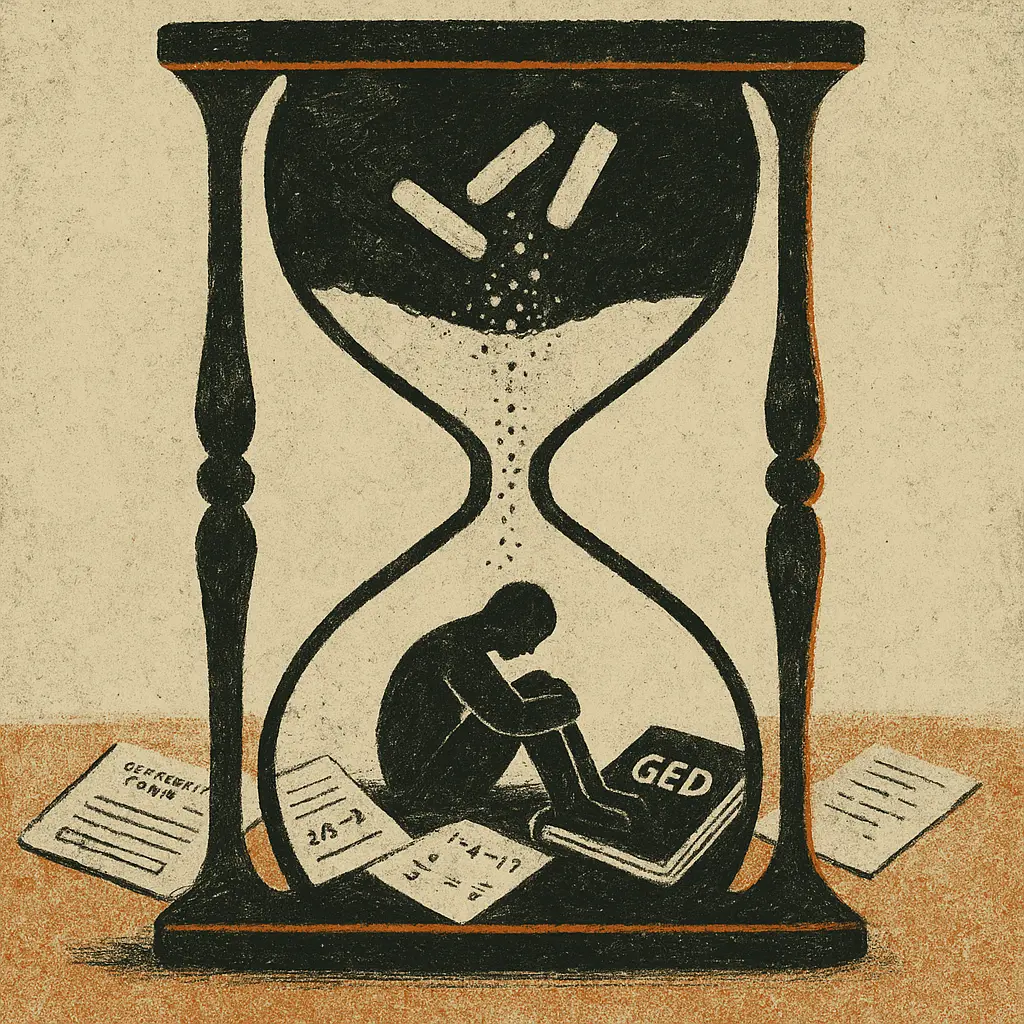 Hourglass filled with chalk dust and papers, student figure sitting in lower chamber