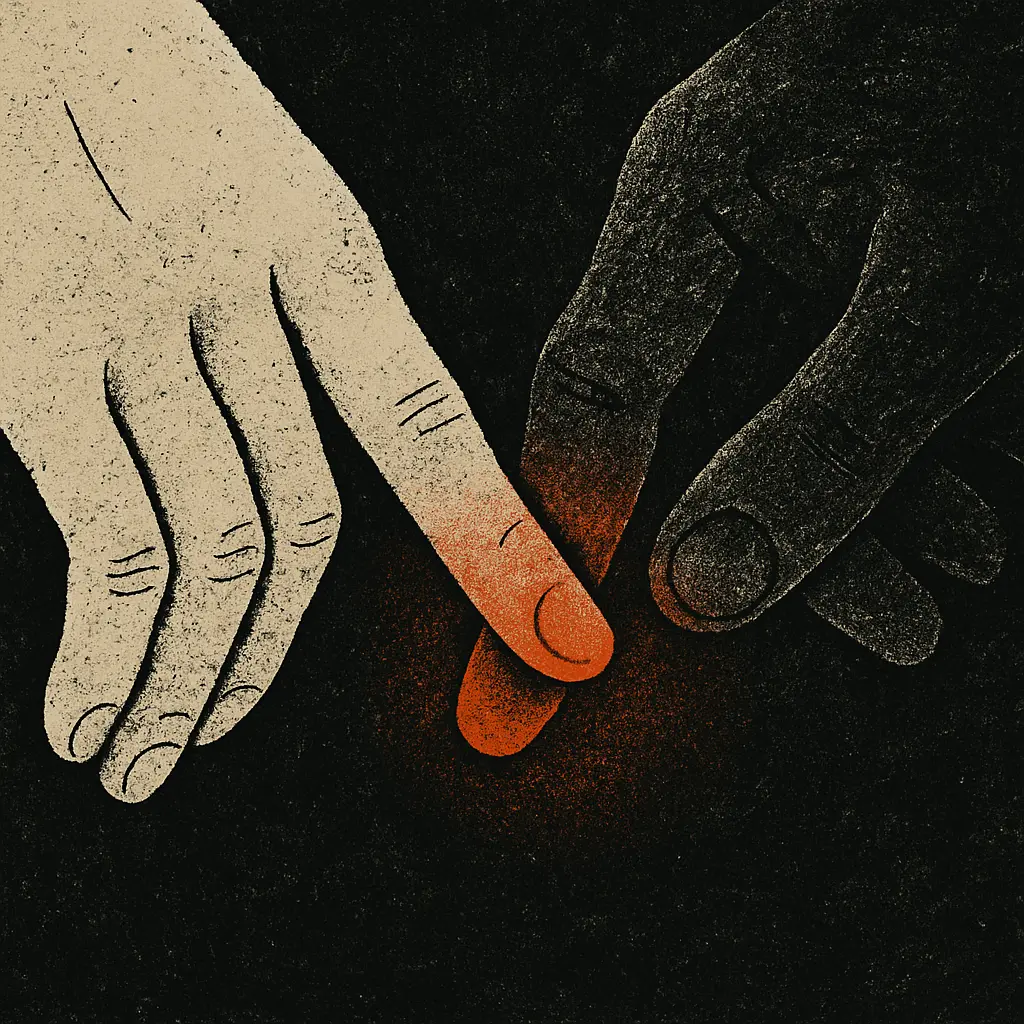 Two hands, one light and one dark, touching at fingertips with glowing contact point