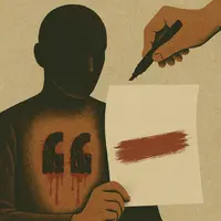 Faceless figure with quotation marks on chest holding red-stained page under poised hand