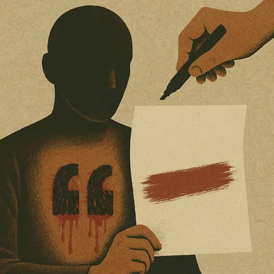 Faceless figure with quotation marks on chest holding red-stained page under poised hand
