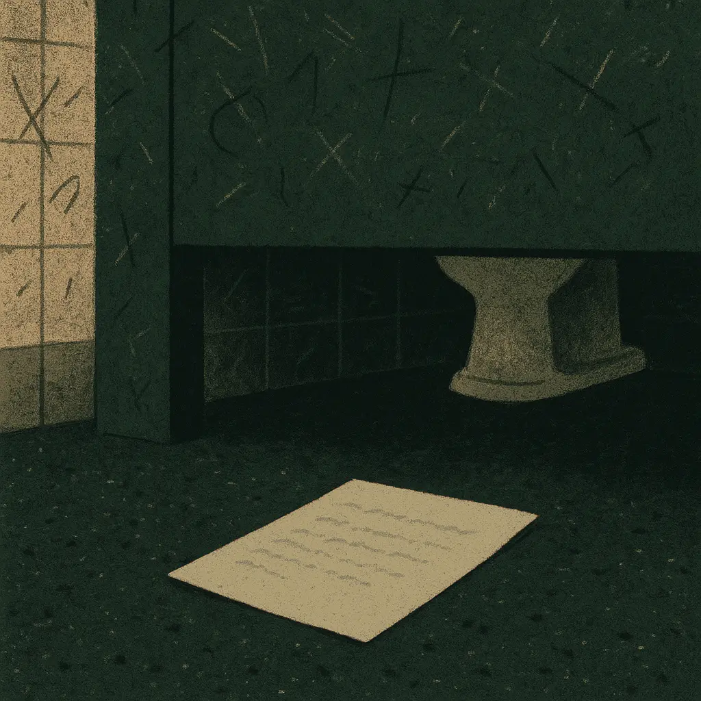 Letter with illegible writing on an orange page lies on a restroom floor beneath a scratched bathroom stall door, toilet barely visible.