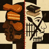 Split human face with one side showing fried chicken, carrot cake, and chain links, the other side books, paintbrush, and prison bars.