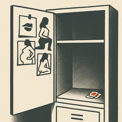 Open locker with suggestive silhouette photos pinned inside the door and three red postage stamps on the empty shelf.