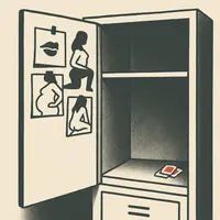 Open locker with suggestive silhouette photos pinned inside the door and three red postage stamps on the empty shelf.