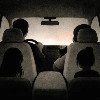 Man on probation driving while his boss holds a dying black cat, with two children in the backseat, showing care, grief, and boundaries.