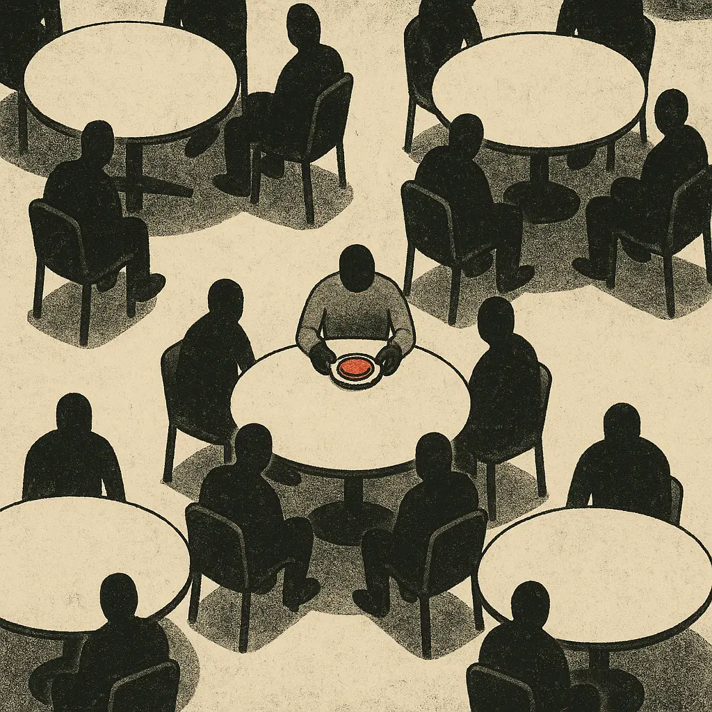 Overhead view of prison dining hall with round tables; lone figure sits at center table with red sandwich, surrounded by dark silhouettes