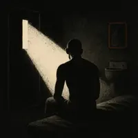 Prisoner on bed in dark cell with flashlight beam through door window