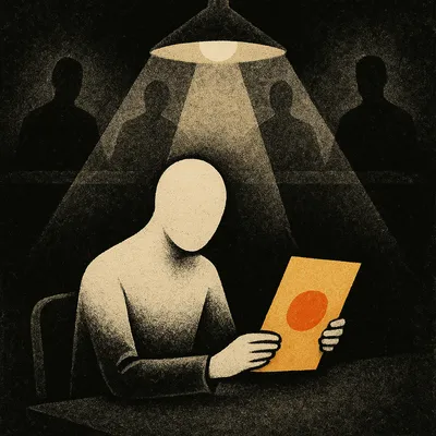 Faceless figure seated under overhead light holding orange document with red circle
