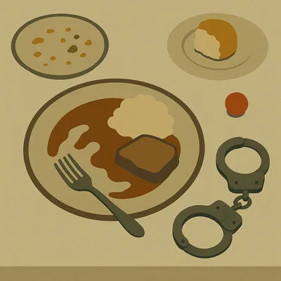 Uneaten meal on a table with mashed potatoes, meat, a biscuit, a red tomato, and handcuffs beside the plate.