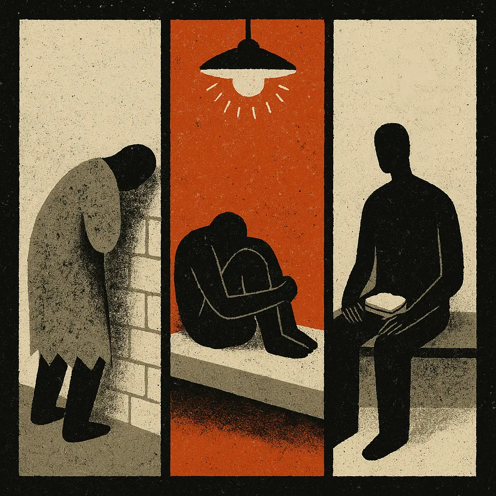 Three faceless prisoners in separate cells: one leans into a wall, one curls under an overhead light, one sits holding a sandwich as smoke rises from his chest.