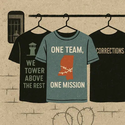 Three T-shirts on hangers, center shirt reads "One Team, One Mission" with Mississippi outline
