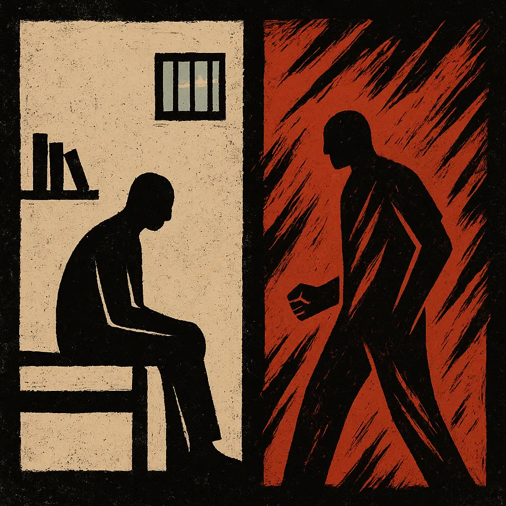 Split prison cell with calm figure reading beside books on one side, aggressive figure walking on other