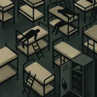 Overcrowded prison dormitory with inmates on closely spaced bunk beds