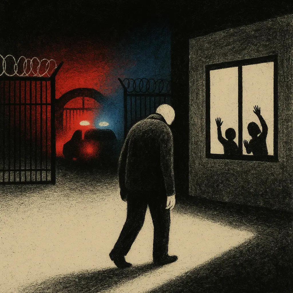 Elderly man walking away from prison gates lit by red and blue ambulance lights, children waving from a window