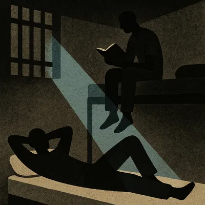 Prison cell at night with inmate reading on top bunk in moonlight, another lying on lower bunk
