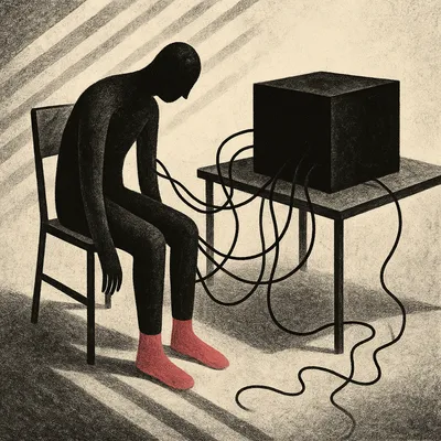 Figure in chair connected to black polygraph machine with pink socks visible

