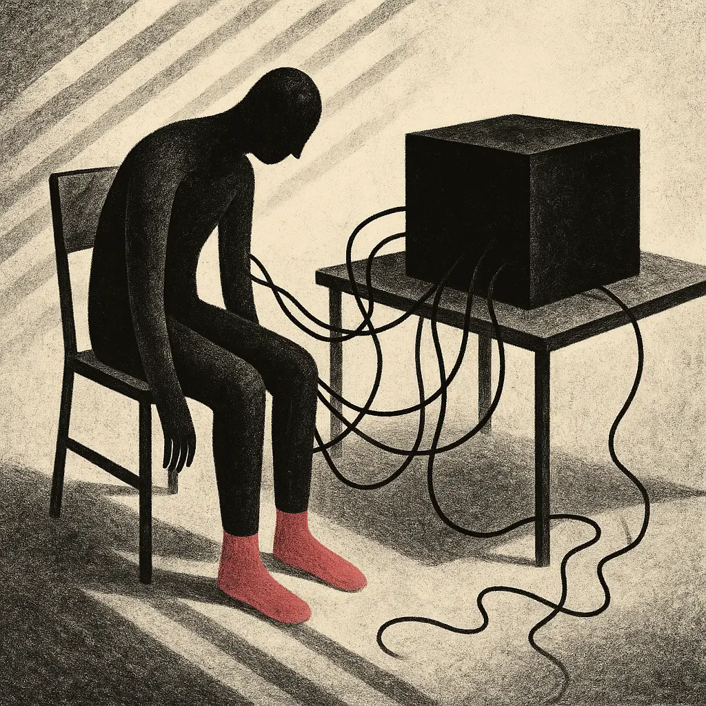 Figure in chair connected to black polygraph machine with pink socks visible