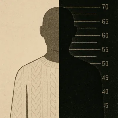 Faceless figure split vertically: cream sweater on left, dark silhouette with mugshot backdrop on right

