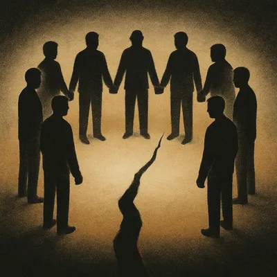 Nine men stand hand in hand in a circle, illuminated by golden light, with a jagged red crack dividing the group.
