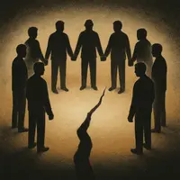 Nine men stand hand in hand in a circle, illuminated by golden light, with a jagged red crack dividing the group.