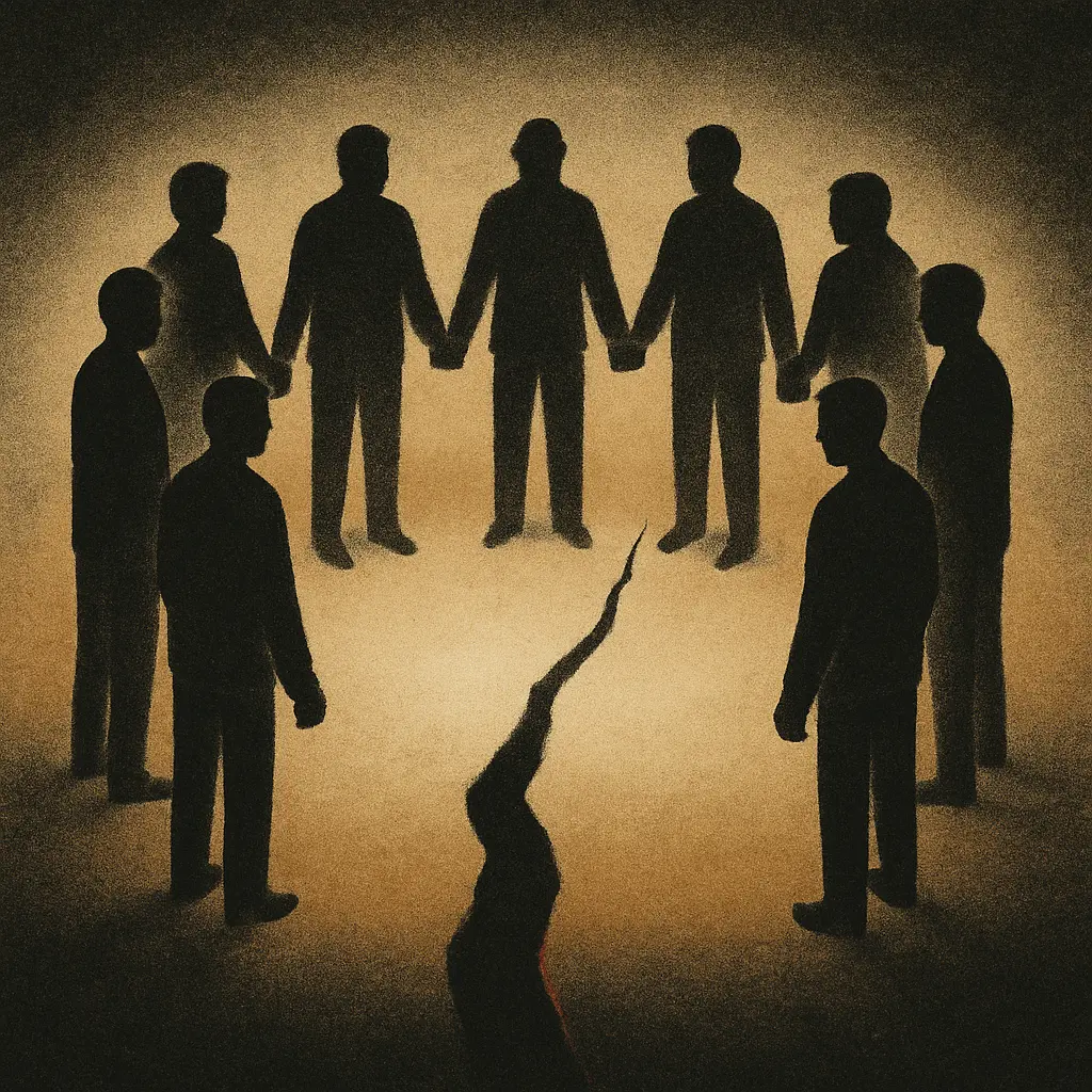 Nine men stand hand in hand in a circle, illuminated by golden light, with a jagged red crack dividing the group.