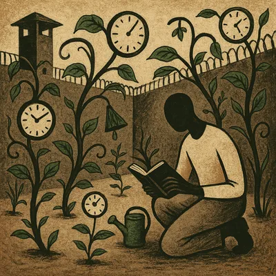 Faceless figure reading and watering clocks growing on vines in prison yard
