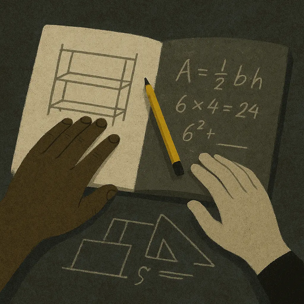 Two hands, one dark and one light, rest on an open notebook with a bookshelf sketch, math equations, and a yellow pencil.